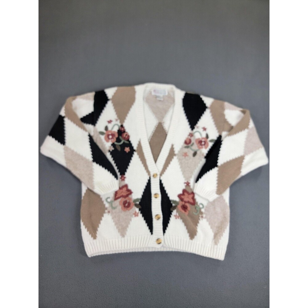 Vintage Milano Design Group Sweater Womens Large Argyle Floral Knit Pullover 90s